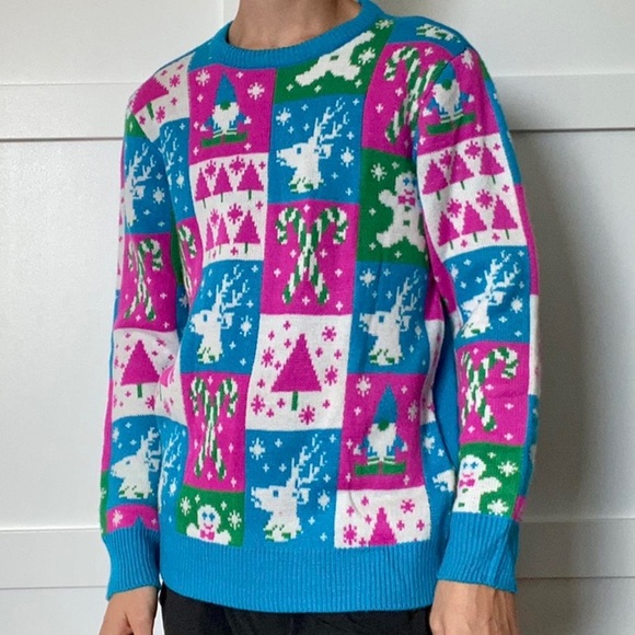 Party Sweater December 25th Vintage Neon Patchwork Ugly Christmas Sweater L - Picture 2 of 7